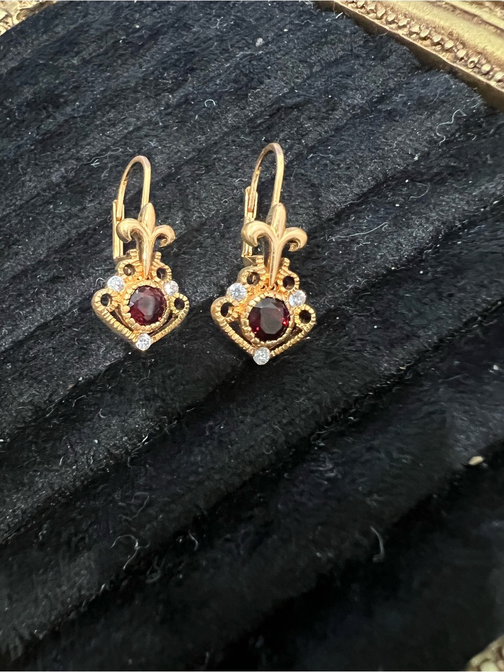 Gold-Tone Fleur Garnet Drop Earrings - Deep Red